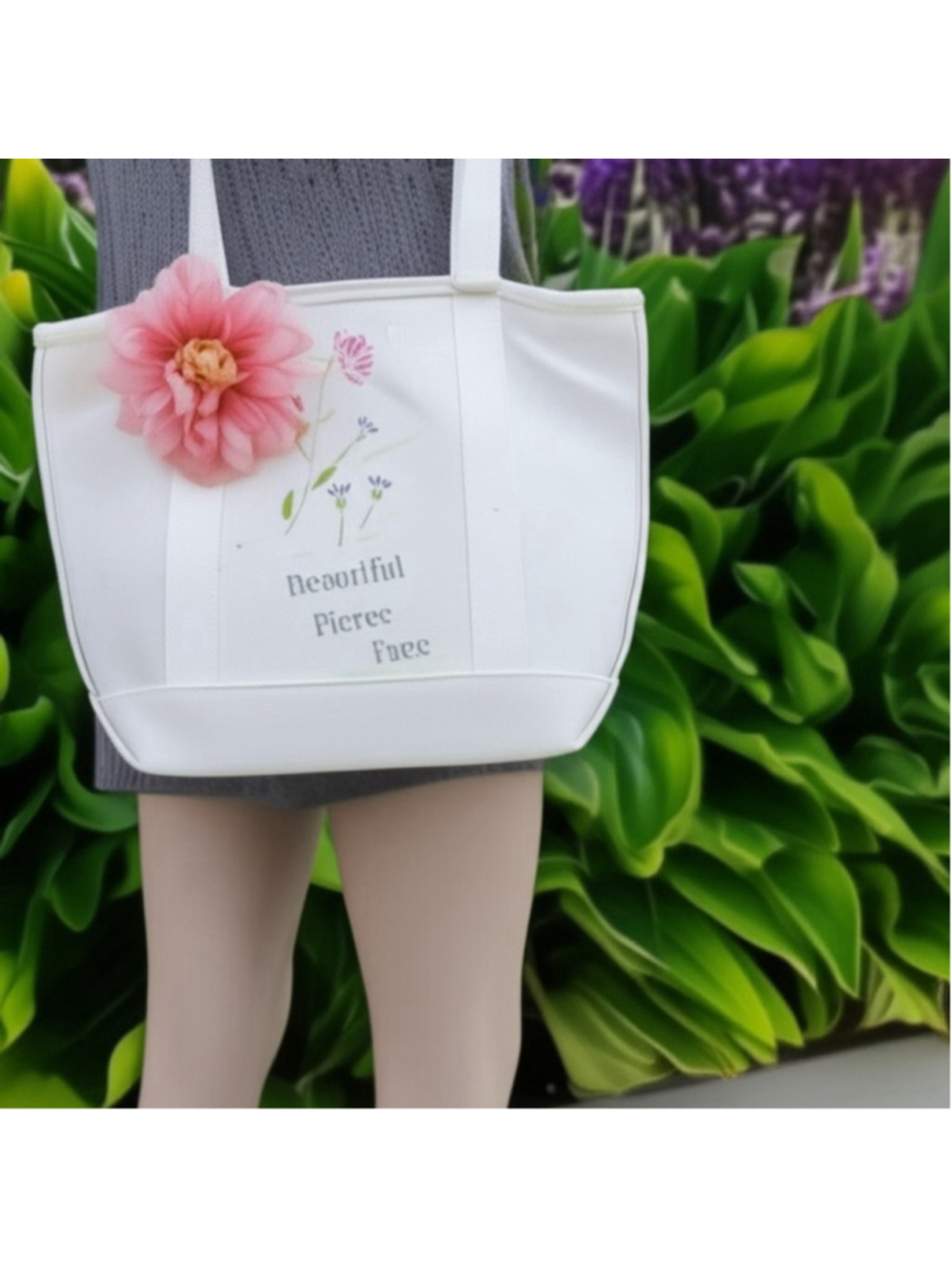 White Canvas Tote Bag Floral Stenciled